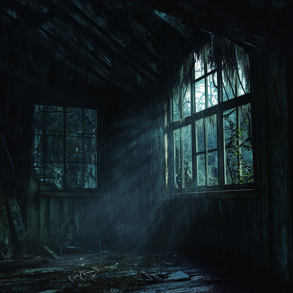 Inside isolated cabin: abandoned, dilapidated, dark, weathered walls.