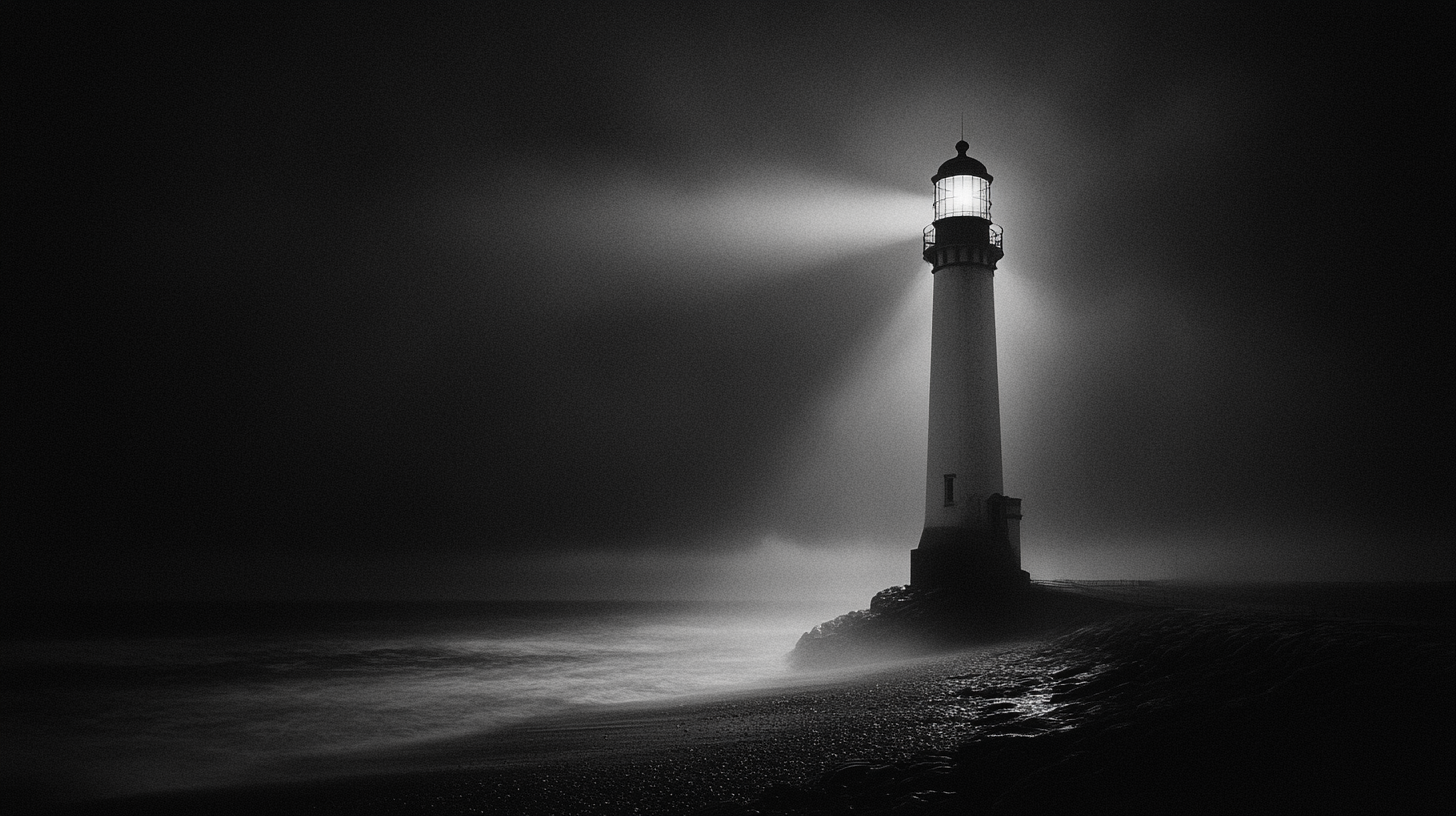 Intense black and white lighthouse close-up at night.