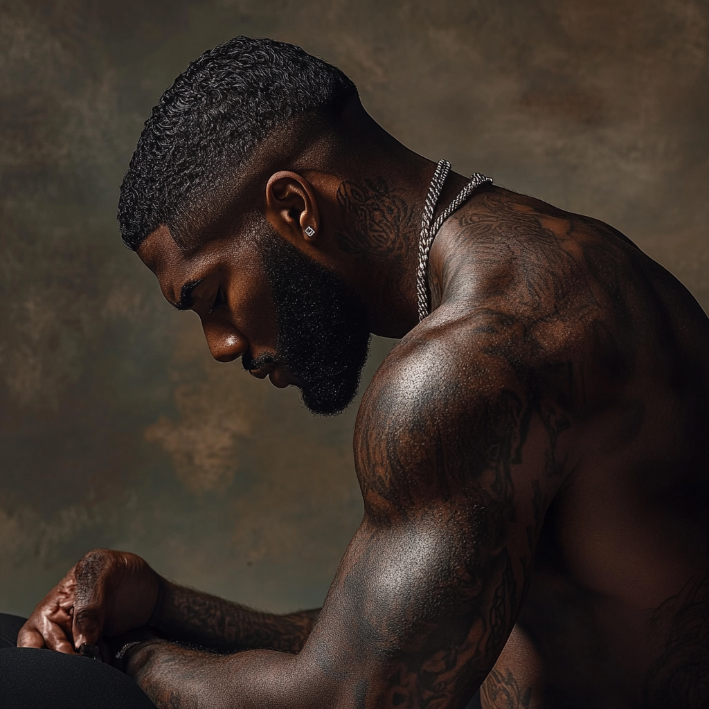 Intense black man with tattoos and sharp edge up.