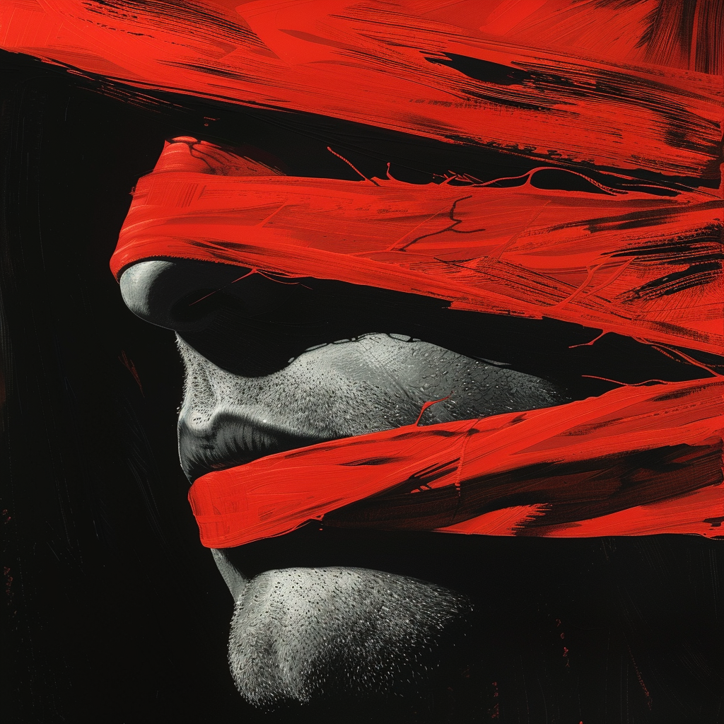 Intense character portrait with red cloth mouth mask.