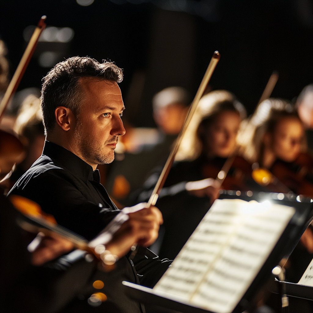 Intense portrait du chef d'orchestre avec immeuble flou.