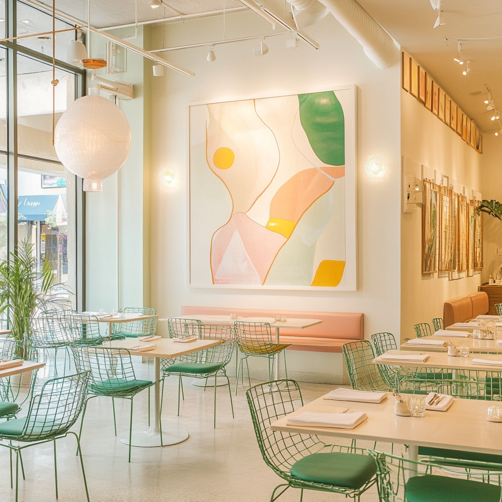 Interior photo of modern restaurant with wire chairs, art wall.