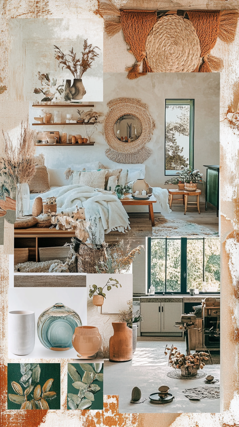 Interiors and decor moodboard with warm tones, boho style.