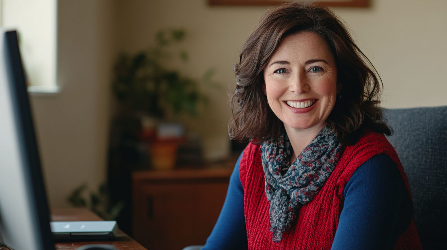 Irish woman smiling at computer, engaging with virtual community.