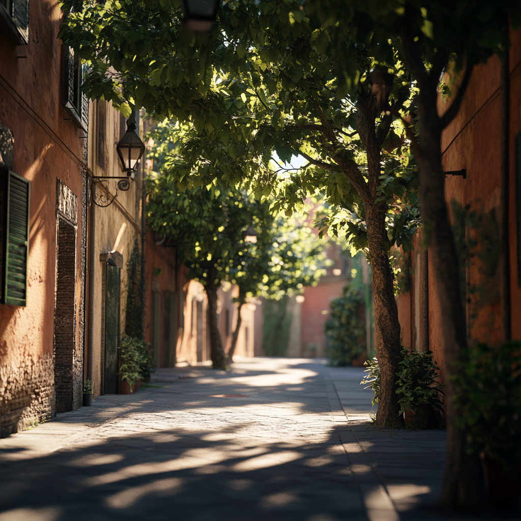 Italian street with tree shadows, pizza growing, soft lighting.