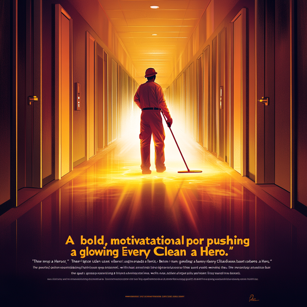 Janitor pushing mop in glowing hallway, 'Hero' tagline.