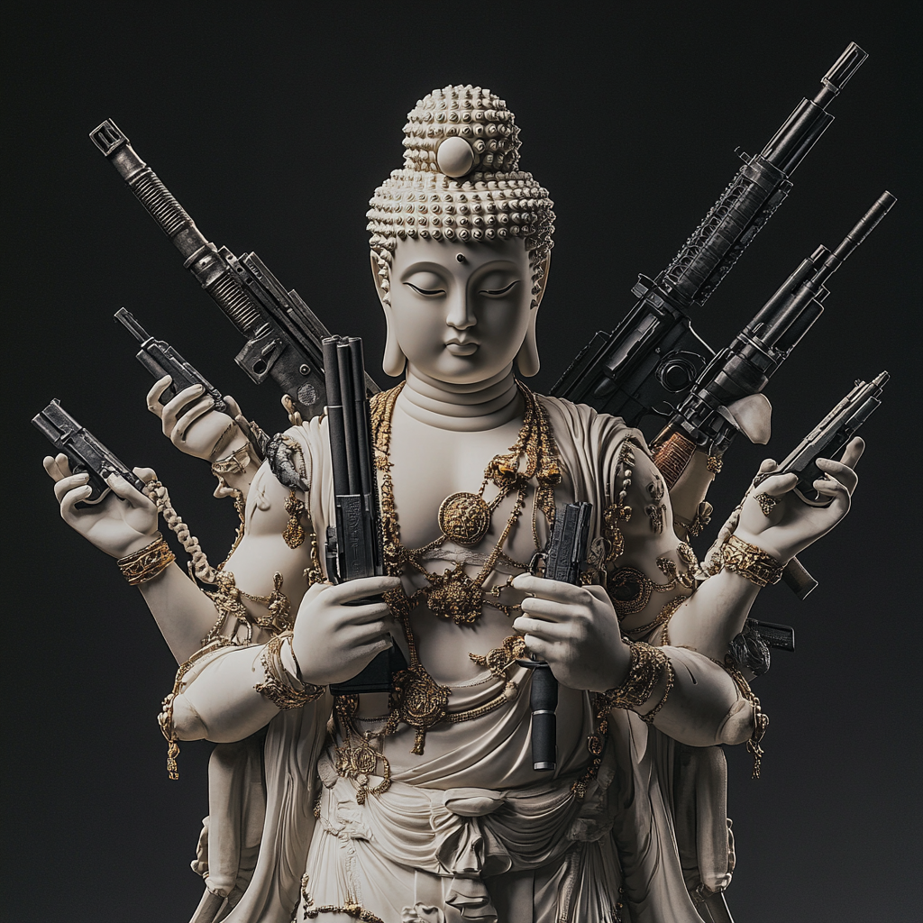 Japanese Buddha statue with multiple hands holding weapons photographed professionally.