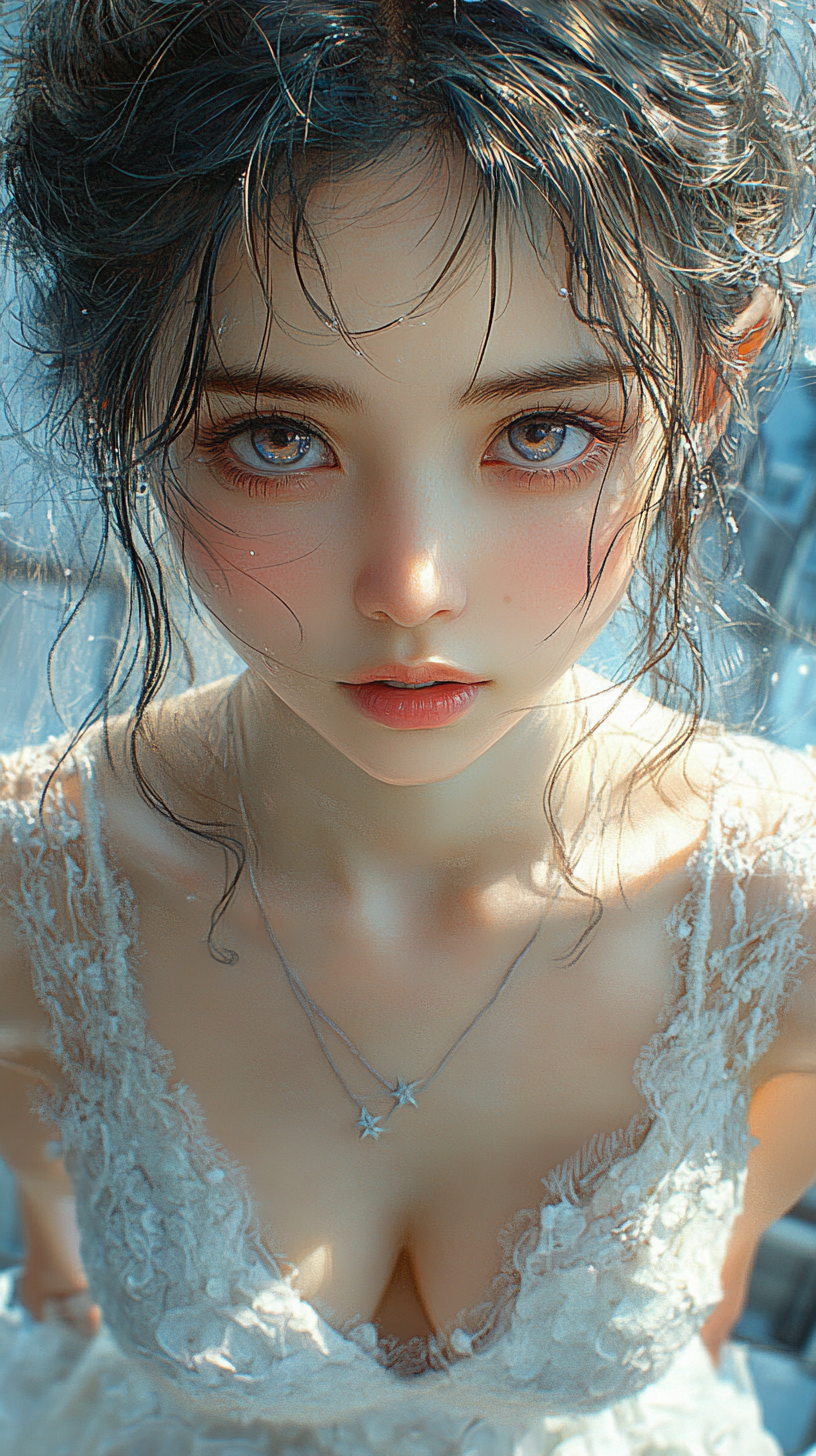 Japanese animation style bird's-eye view, beautiful girl with deep charming eyes.