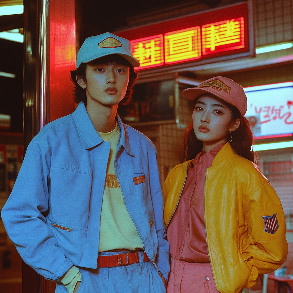 Japanese baseball inspired fall fashion line with neon lighting.