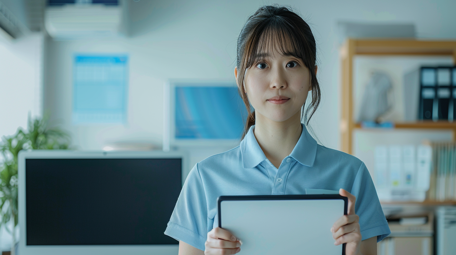 Japanese office worker with tablet and monitor at desk.