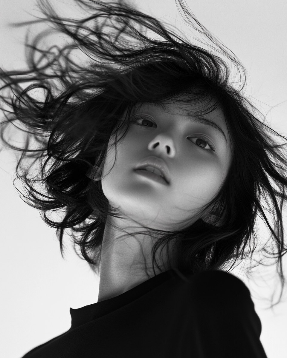 Japanese woman, motion blurred, hair in motion, black and white.