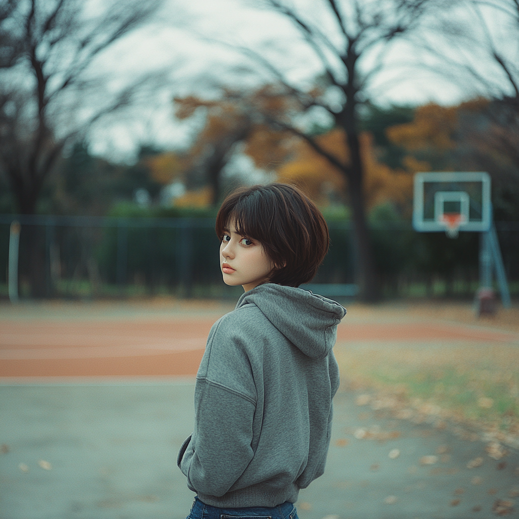 Japanese woman with short rusty hair posing outdoors.