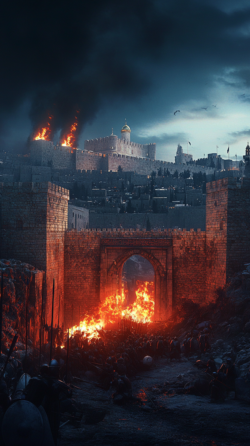 Jerusalem walls besieged, flaming arrows, soldiers clash, ruins background.