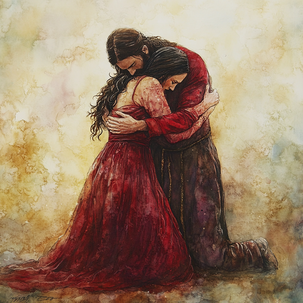 Jesus showing compassion hugging older woman, watercolor painting.