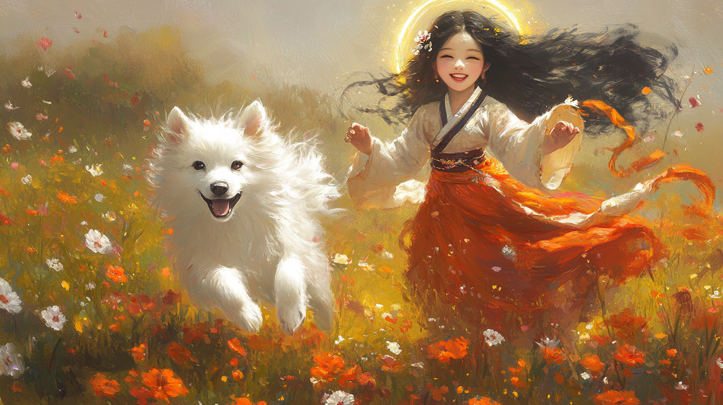 Joyful Korean girl bodhisattva with white Jindo dog