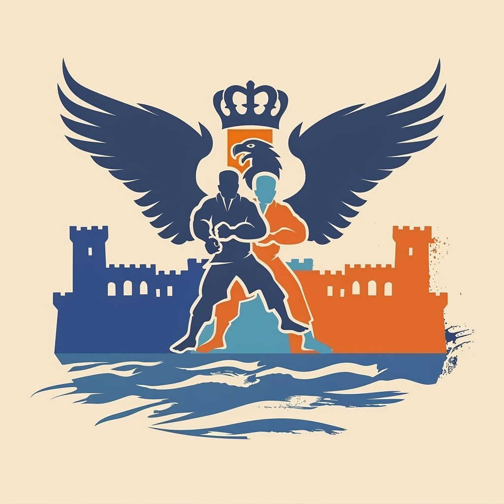 Judo club logo with military castle, eagle, river, fighters