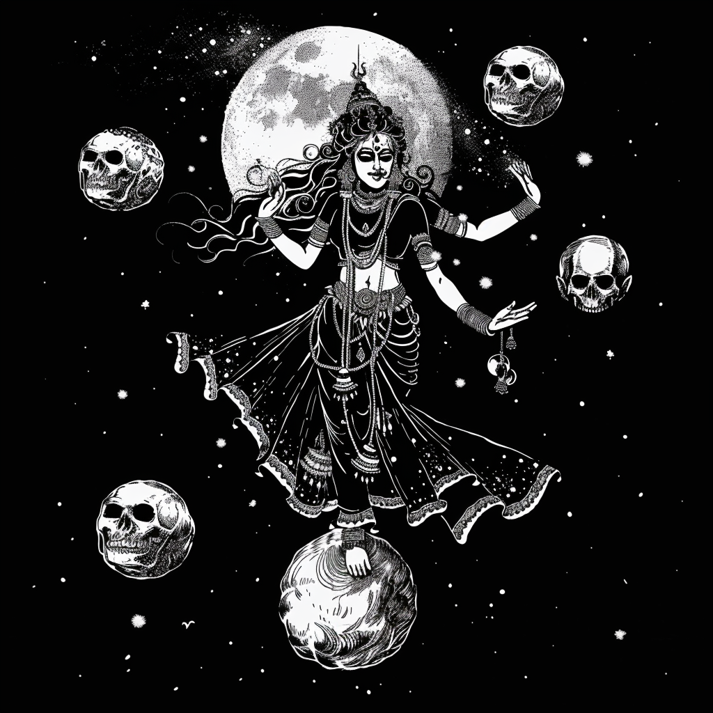 Kali dances on skull earth with planets around her.