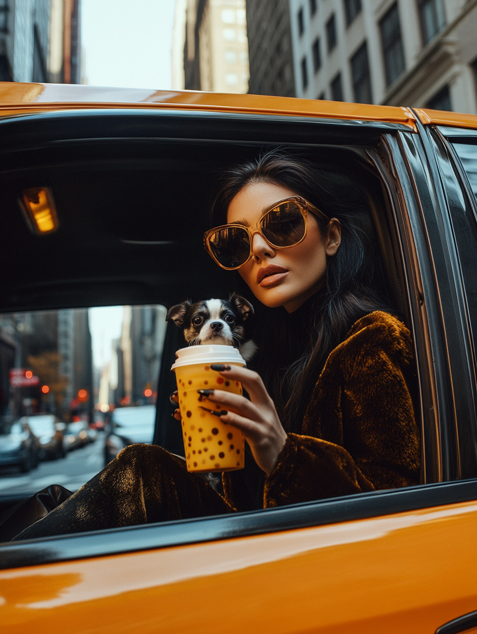 Kendall Jenner holding bubble tea and dog, realistic photo.