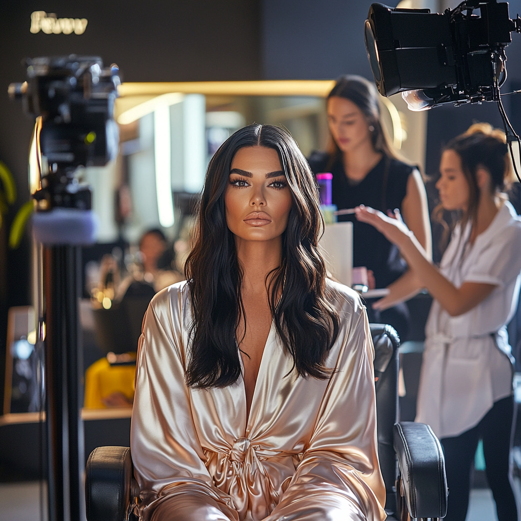 Kendall Jenner in silk robe on TV set.