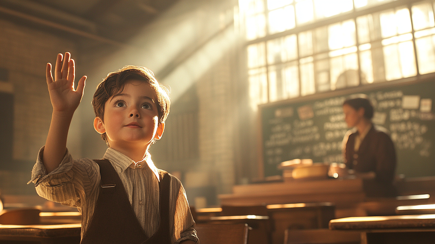 Kid eagerly raising hand in vintage 1950s classroom.