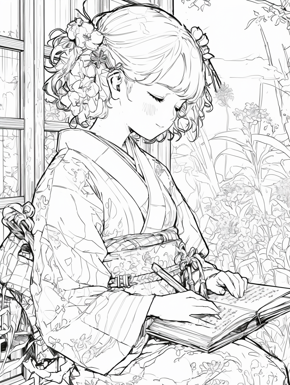 Kimono girl coloring book with thick, distinct lines smile