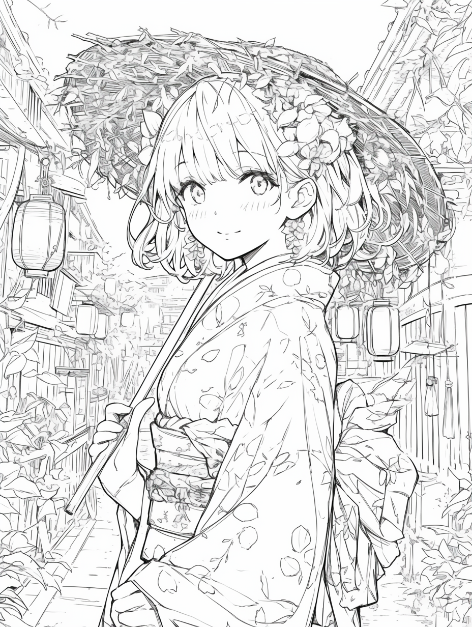 Kimono girl walking on quiet street with lanterns smiling.