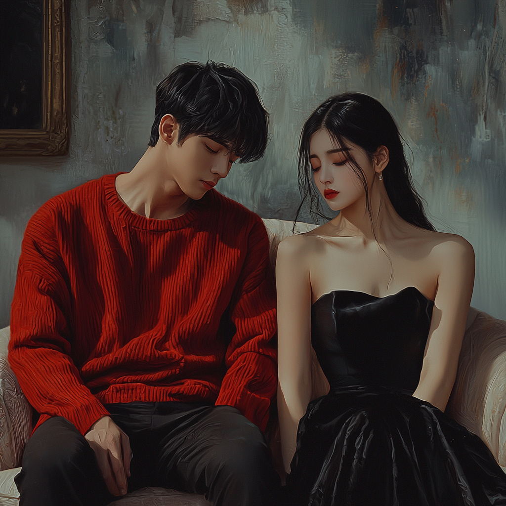 Korean man in red sweater, girl in black dress.