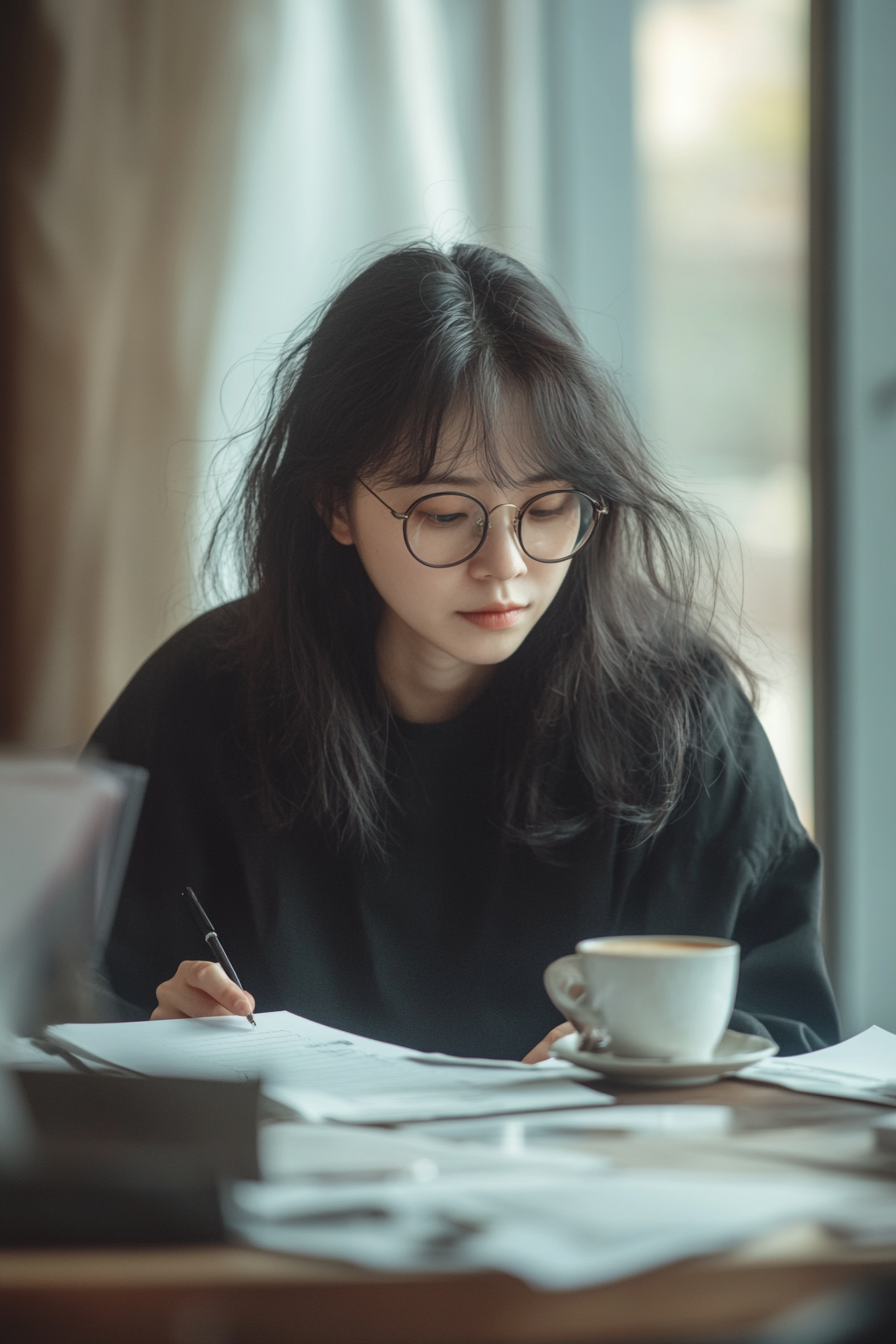 Korean teacher grading papers in Bauhaus coffee studio ambiance.