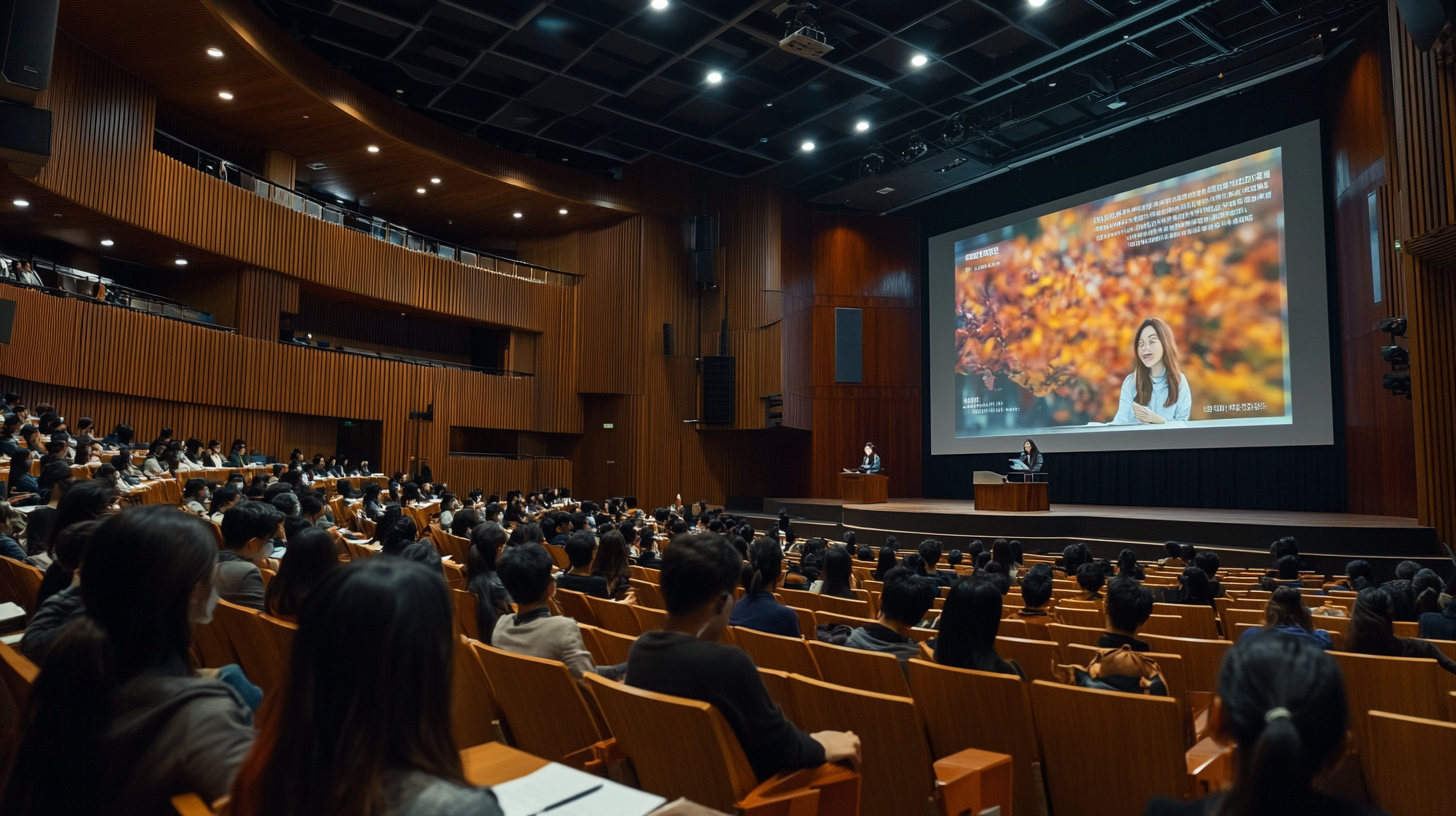 Korean woman presenting lecture in large auditorium, wide shot.