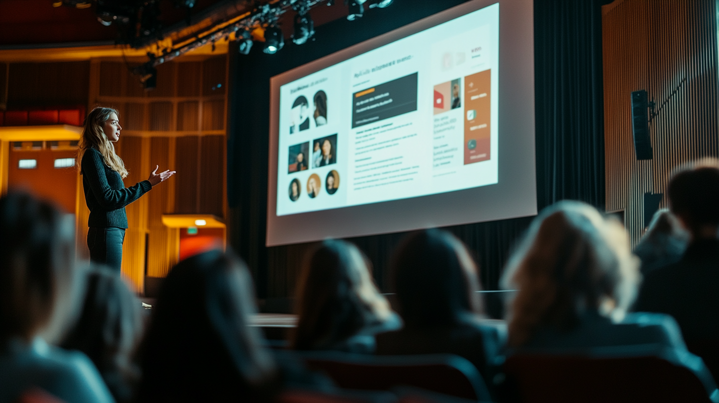 Korean woman presenting on stage, focused on expression.