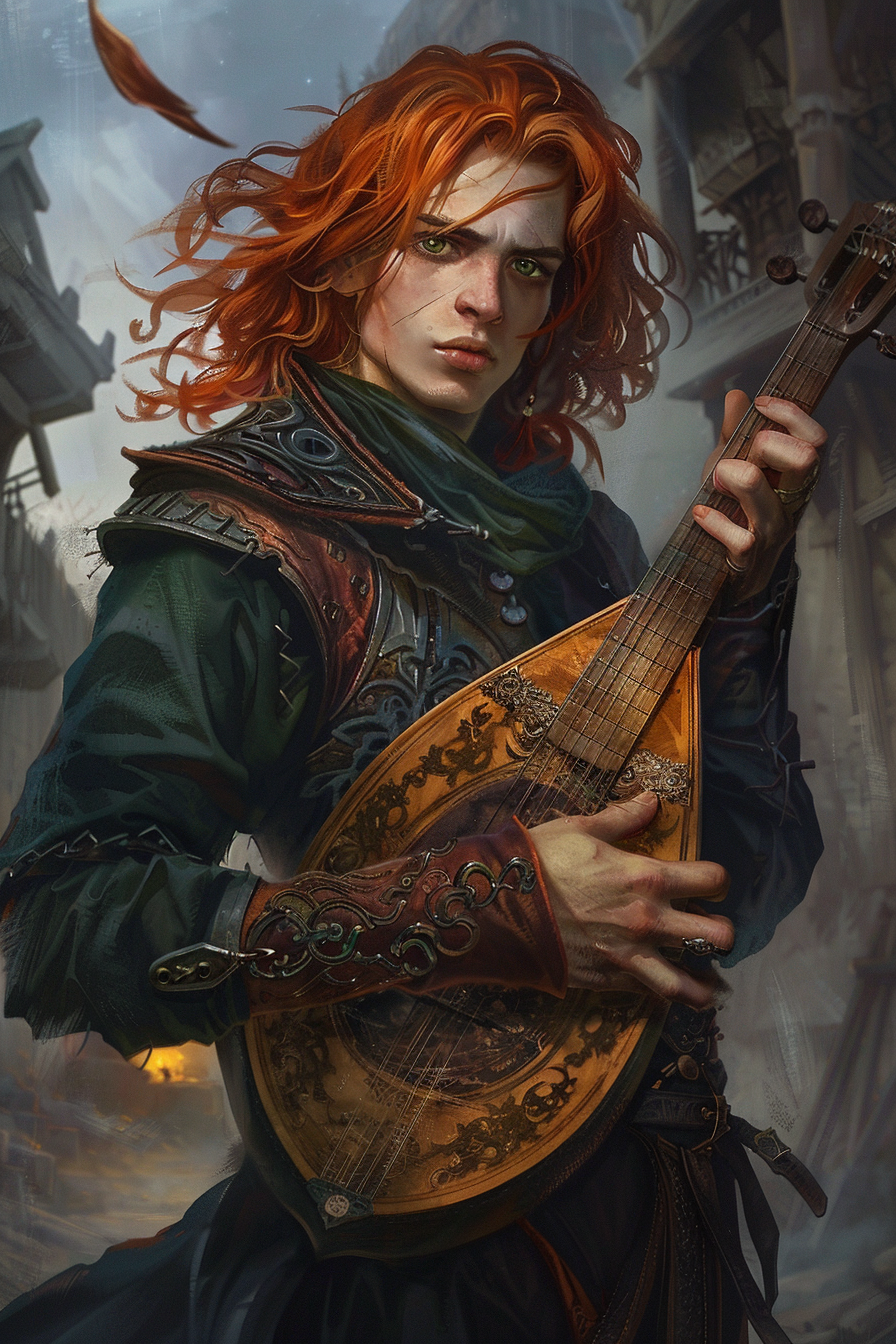 Kvothe with fiery red hair, playing lute by inn.