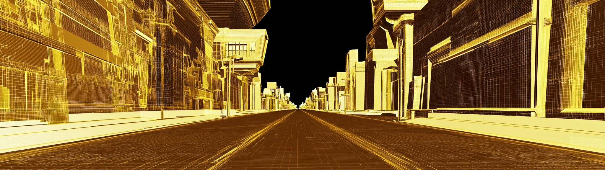 LIDAR scan of mythical city with golden colors.