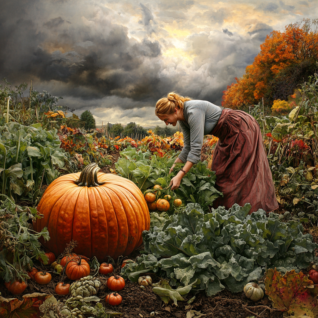 Lady picking ripe vegetables in garden on cloudy day.