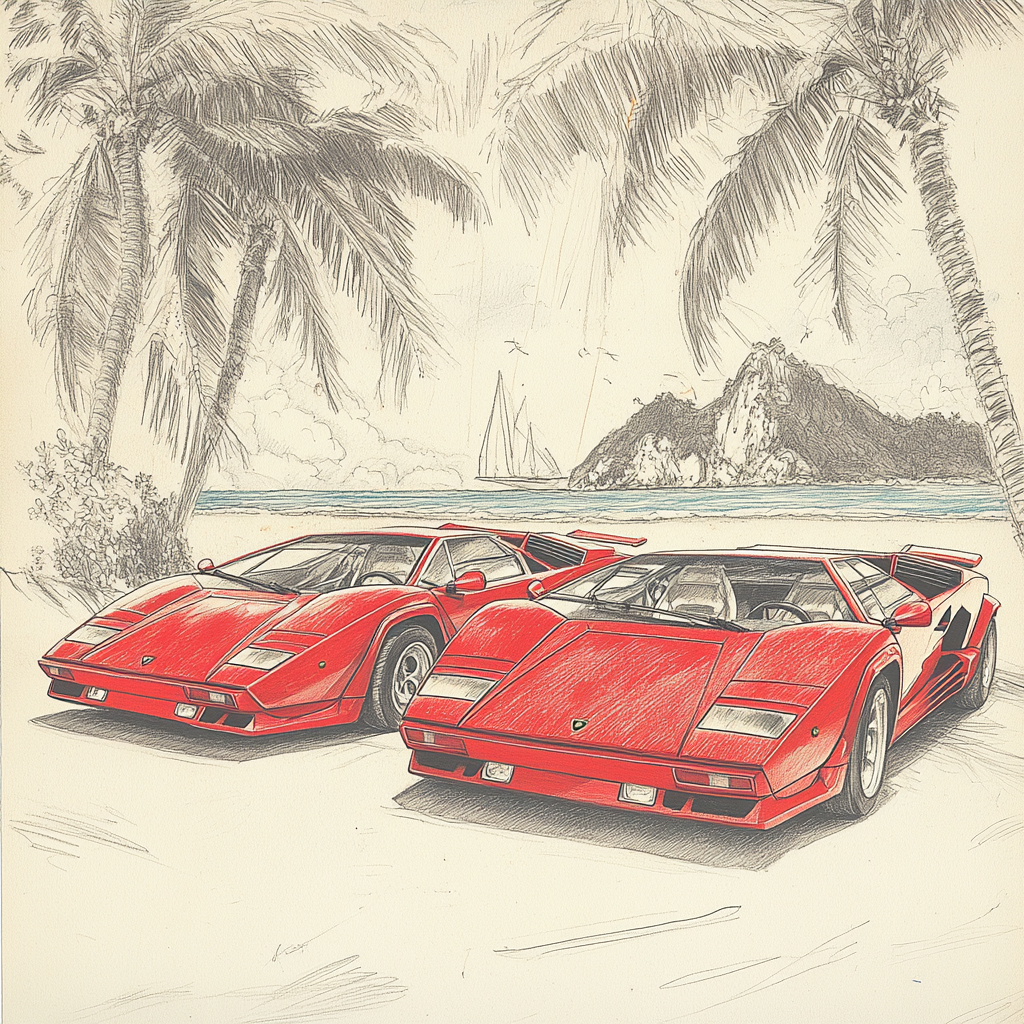 Lamborghini Countach pencil drawing on 90s car magazine.