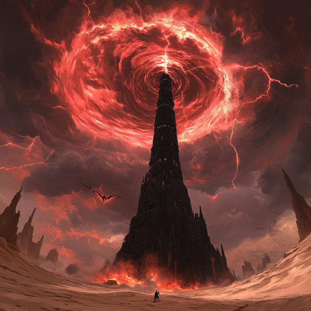 Large, black, evil mage tower in desert setting.