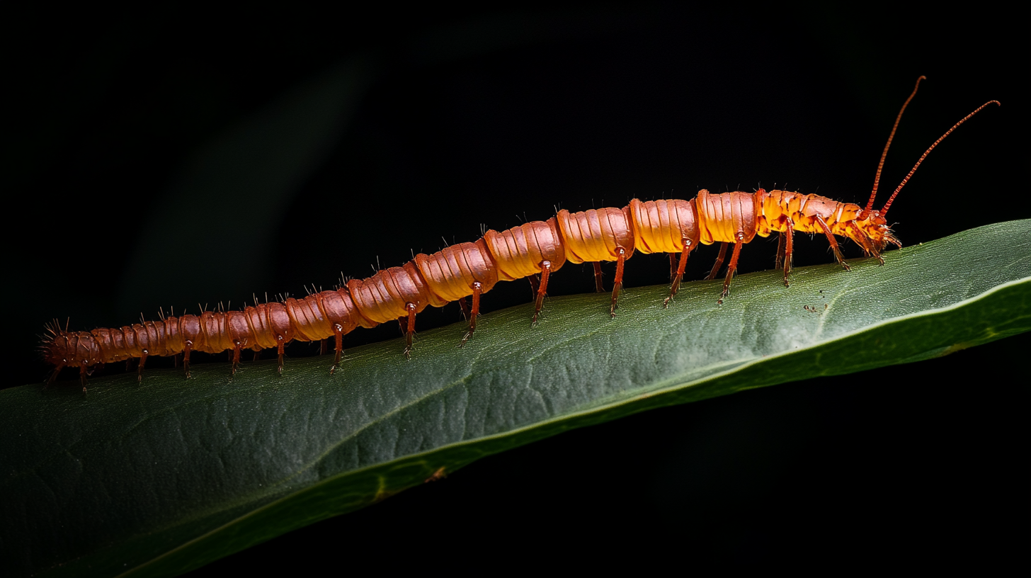 Large Hawaiian centipede silhouette crawling on antherium leaf.