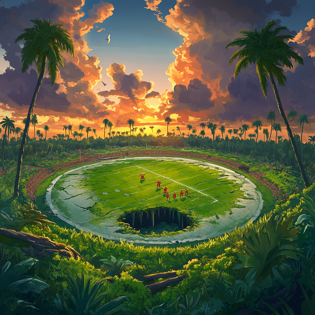 Large football field with higher outer edge. Lime water, palm and oak trees. Green swamp monsters. Storm clouds. Fortnite style.