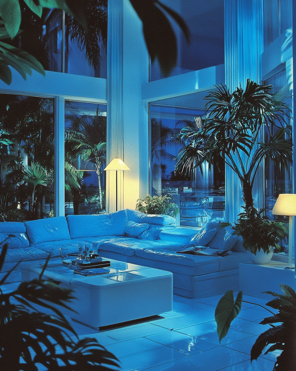 Late 80s decor magazine, mansion living room, Miami night.