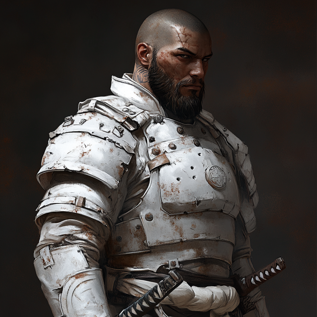 Latino samurai in white armor, helmet aside, apocalyptic design.