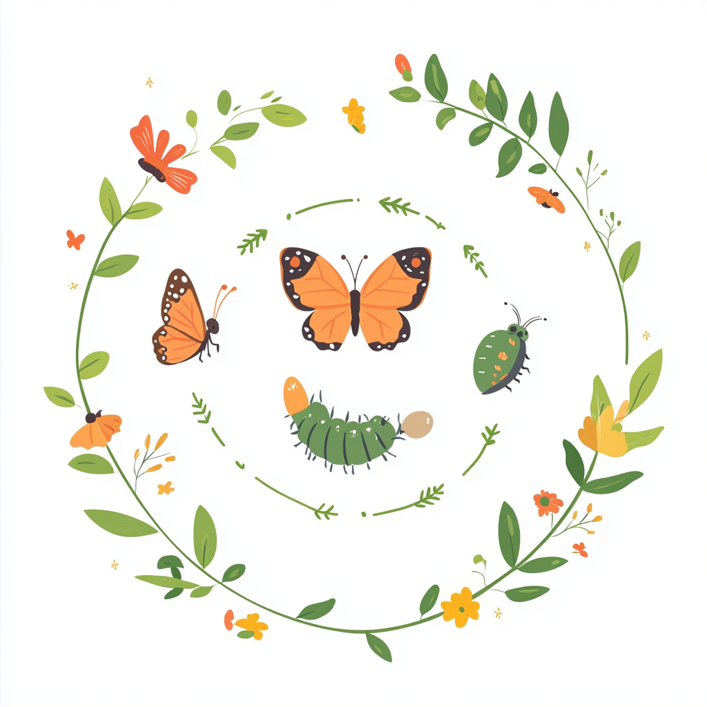 Life stages of butterfly on colorful circular diagram page.