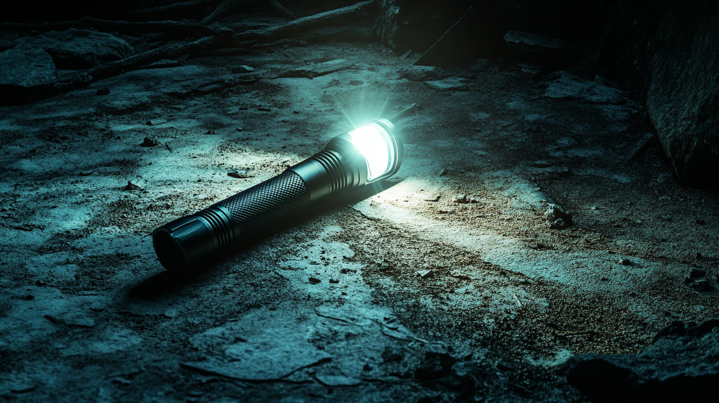 Light from flashlight illuminating dark passage on rustic floor