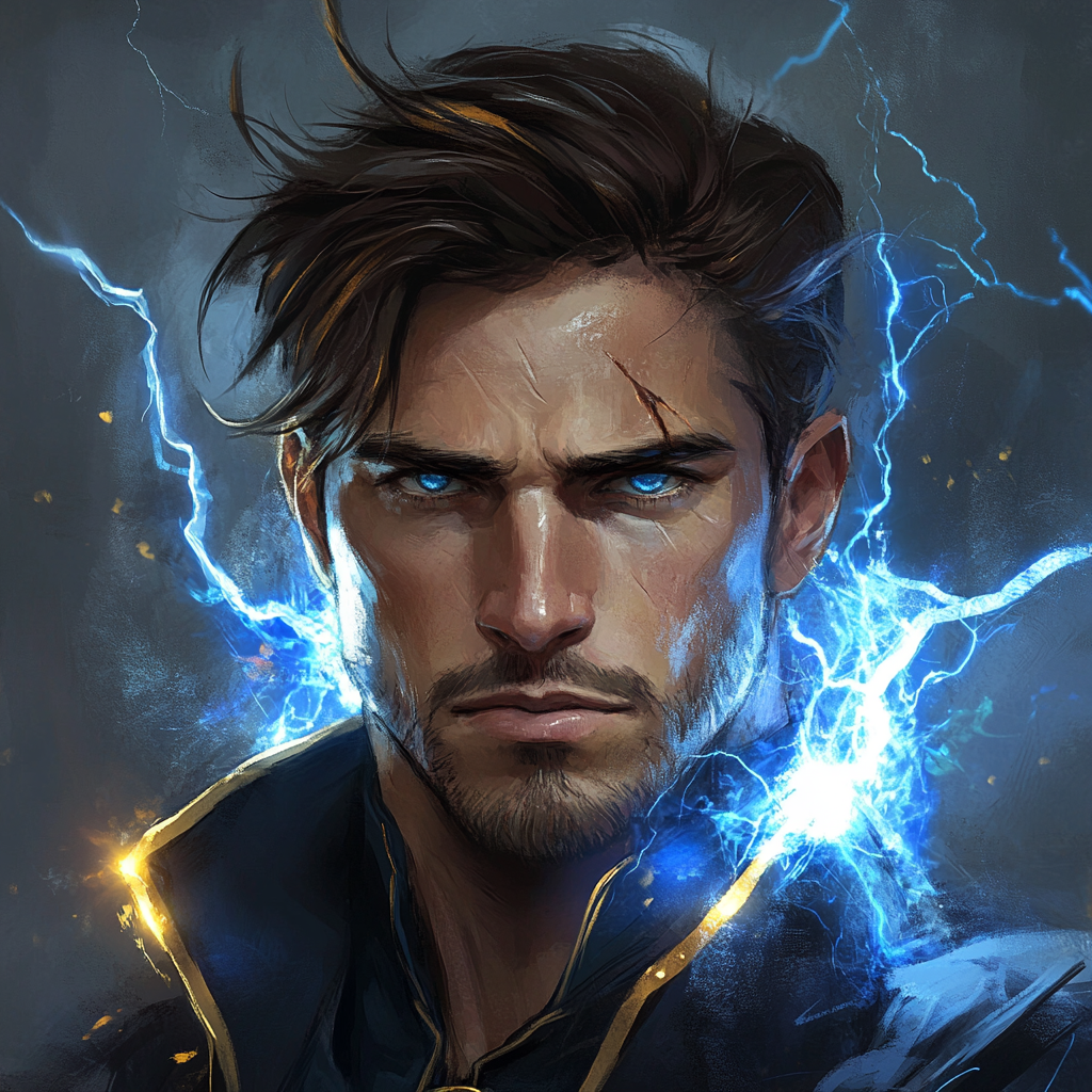 Lightning sorcerer with brown hair, blue highlights, burns, scars