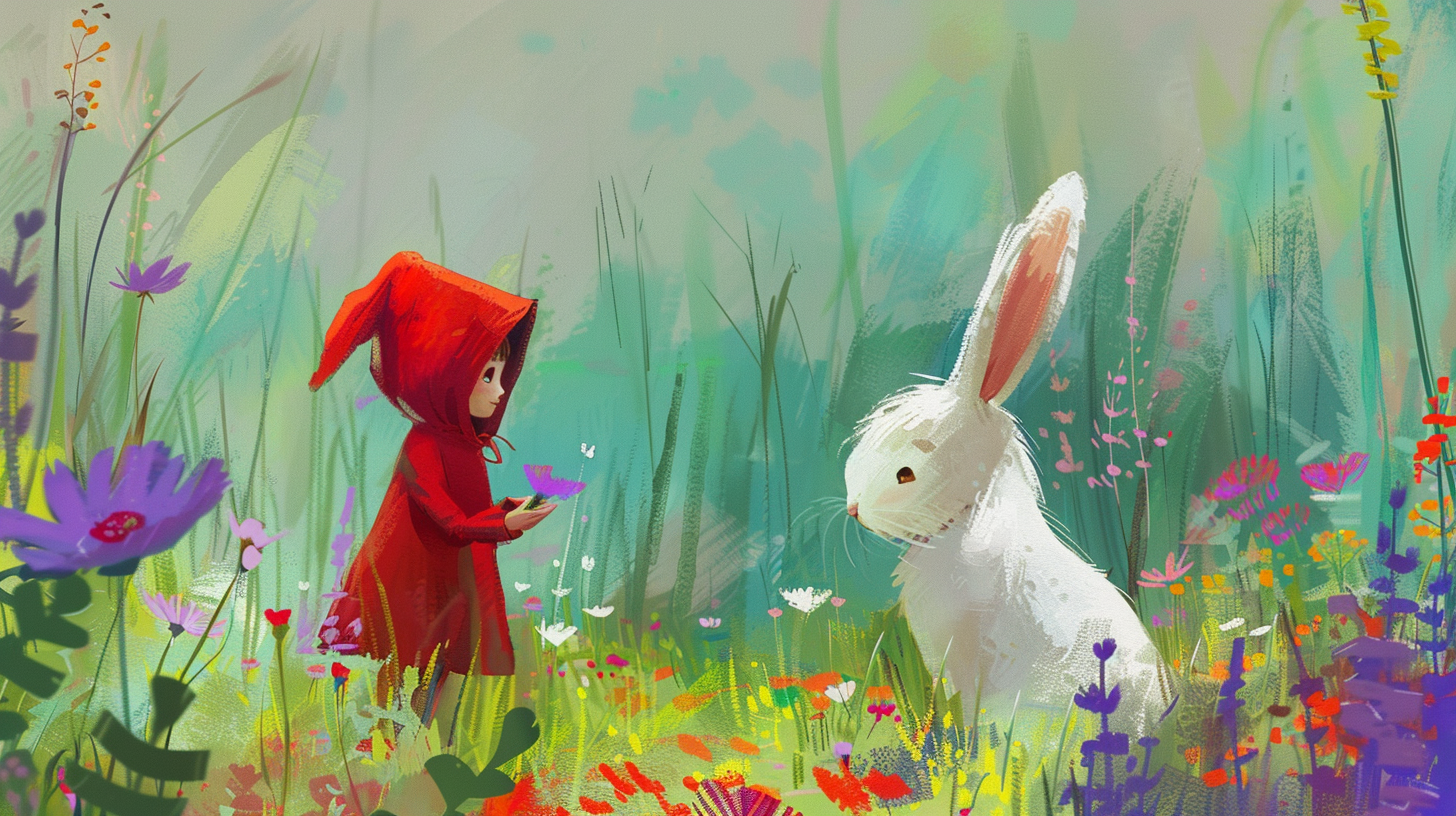 Little Red Riding Hood and White Bunny in meadow.