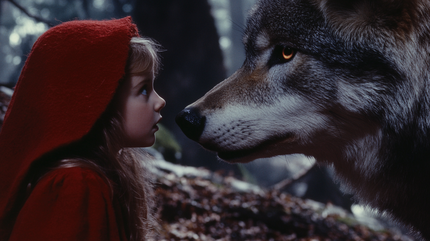 Little Red Riding Hood meets wolf in tense forest.