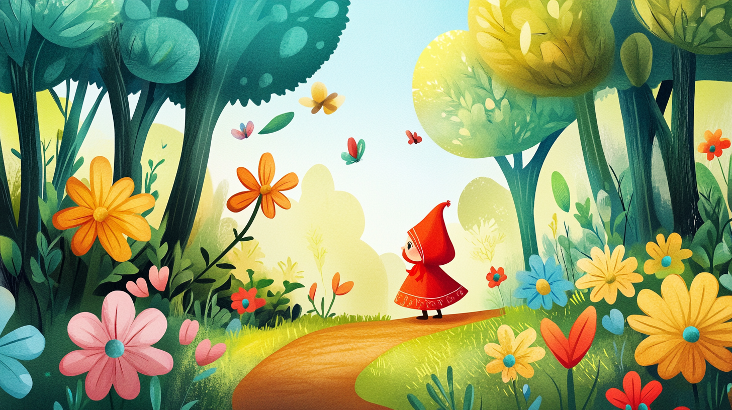 Little girl in red hood strolling in forest.