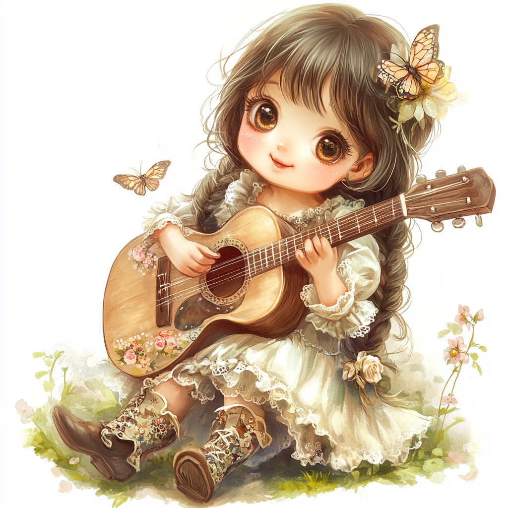 Little girl with brown eyes, long lashes, freckles, guitar.