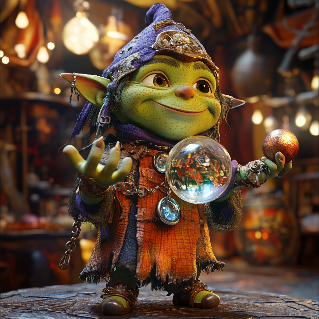 Little green orc child in pixar-themed seer costume