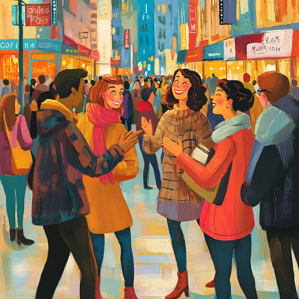 Lively city scene captures essence of greetings and connections.