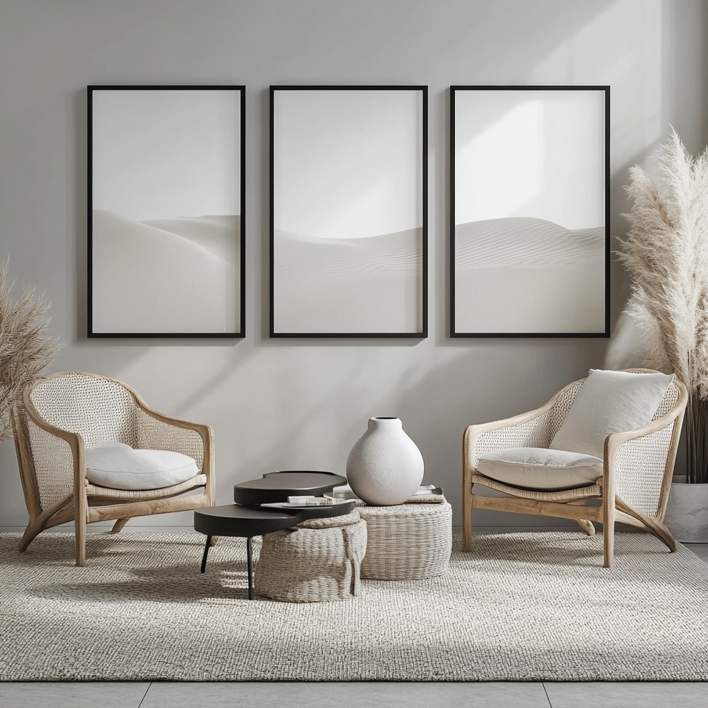 Living room mockup with 3×4 picture frames, grey tones.