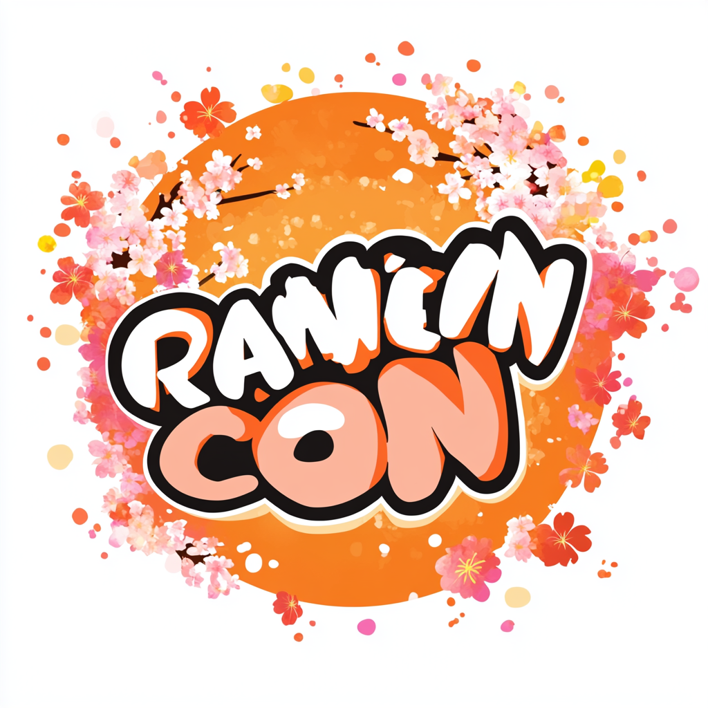 Logo for RAMEN CON with cherry blossom circle. Orange and cherry coloring.